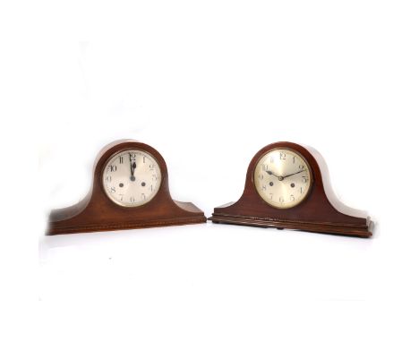 Walnut domed mantle clock, striking movement, 45cm; and an oak mantle clock.