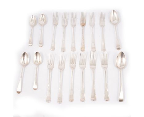 Set of six George III silver Old English pattern table forks, Peter and William Bateman, London 1810, five Irish table forks,