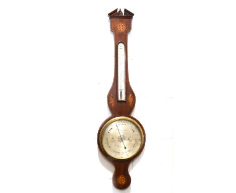 George III inlaid mahogany banjo-shape wall barometer, silvered dial, signed P Caminada, Taunton, thermometer over, the case 