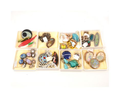 Vintage colourful jewellery, pewter brooches with glass insets, faux opals earrings, enamel brooches and earrings, Thomas L M