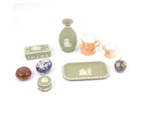 Royal Worcester miniature tyg, ivory ground and painted with flowers, 6cm, a similar minuature mug, Wedgwood china, pill boxe