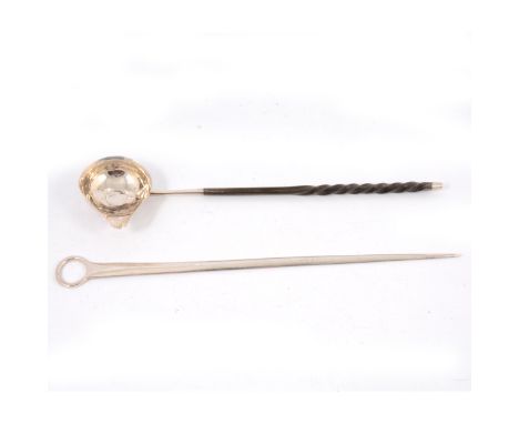 George III silver skewer, by GSWF, London 1792; together with a ladle, coin set bowl, twisted whale-bone handle. (2)