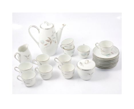 Noritake coffee set, Corliss pattern, including coffee pot, 19cm, cream jug, sugar bowl, ten cans and saucers.