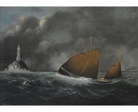 J K Brandon, Fishing boat before a lighthouse, a nocturne, signed, on relined canvas, 47 x 66cm.