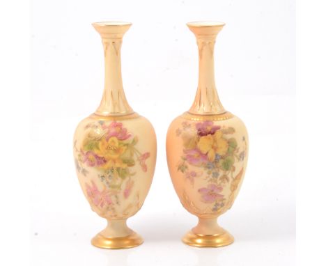 Pair of Royal Worcester bottle vases, model 281/H, ivory ground, painted with flowers, date mark for 1915, 19cm.