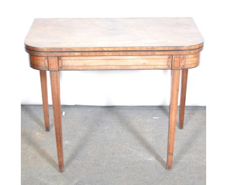 George IV mahogany card table, rectangular fold-over top with rounded corners, baize-lined interior, frieze with stringing on