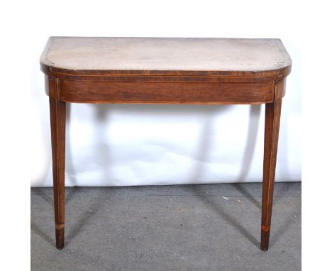 George III mahogany card table, rectangular fold-over top with rounded corners, cross-banding and stringing, baize-lined inte