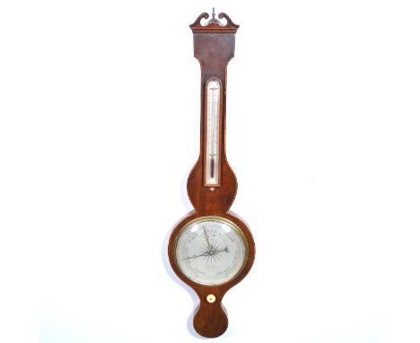 Victorian mahogany banjo barometer, with a swan-neck pediment, boxwood and ebony stringing, silvered dials, signed C Camozzi,