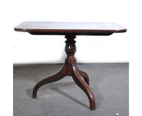 Mahogany table, rectangular top with rounded corners, reduced column on tripod legs, 50cm x 78cm.