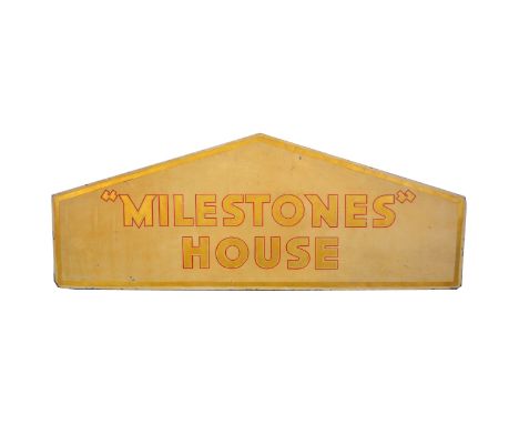 A sign, Milestones House, together with a copper warming pan, copper hunting horn, and modern pine framed wall clock, and a s