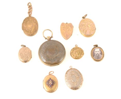 Nine Victorian and later yellow metal lockets, a yellow metal locket with blue enamel star to front with seed pearl, 21mm, a 