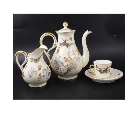 Pirkenhammer tea and coffee set, decorated with birds and flowers, and a Continental porcelain dessert service, unmarked.