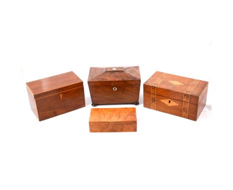 Regency rosewood sarcophagus-shape tea caddy, two section interior, width 21cm; and a Victorian walnut and Tunbridge ware tea