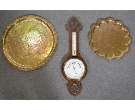 Oak cased aneroid barometer with thermometer, 84cm, and two Indian brass trays.