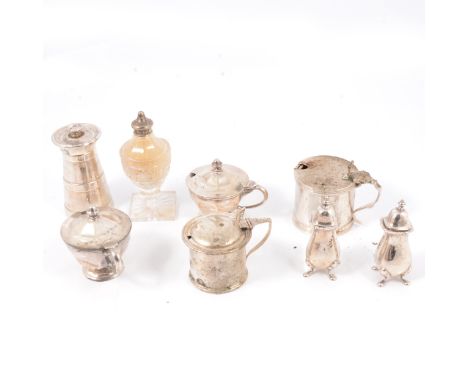 Regency style silver mustard pot, J R Chatterley &amp; Sons Limited, London 1932, reeded bands, S-scroll handle, with blue gl