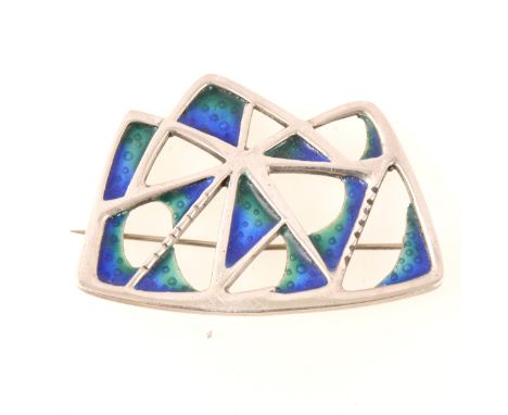 David Lawrence - an abstract silver brooch, 40x55mm, angular sections decorated in blue and green enamel, Birmingham 1964, of