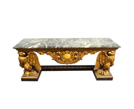 A carved and gilt wood console table in the style of William Kent, rectangular variegated marble top (old repairs), carved fr