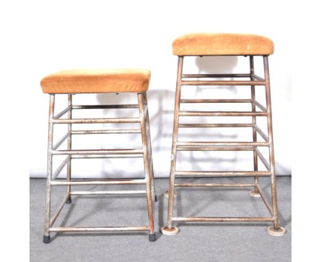 Mid-century steel and suede gymnasium vaulting horse / stool, label for R W Whittle, Eccles, the top 46x46xm, height 93cm, an