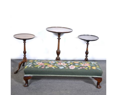 Pair of mahogany wine tables, circular tops, slender columns, tripod legs, diameter 30cm, height 51cm; another wine table; an