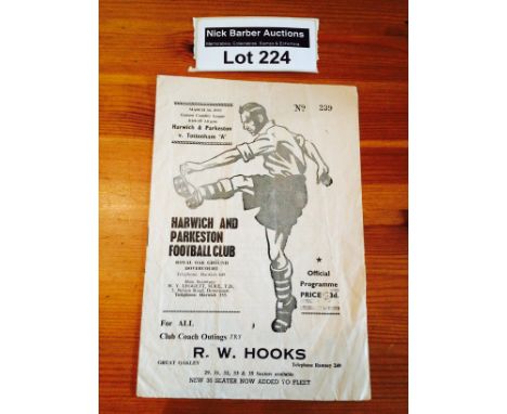 Football : Harwich & Parkeston v Tottenham A programme 30.3.1957, sl. creases, tear on back cover.