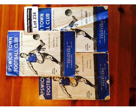 Football : Ipswich Town programmes 1949 - v Bristol R, Notts Co, Brighton FA Cup 1, all fair cond.