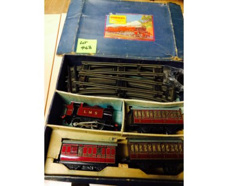 Die-cast : Hornby '0' gauge passenger train set boxed, 3 coaches, LMS 2270 engine and track - box battered but intact.