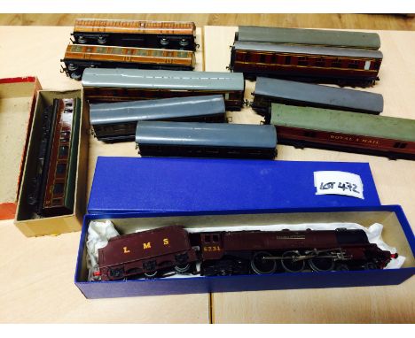 Die-cast : Hornby dublo box of coaches, track, accessories, some boxed, all play worn, seems in good order.  Includes Engine 