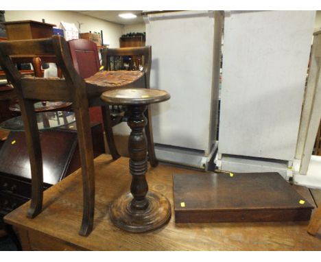 A VINTAGE OAK BOX TOGETHER WITH AN OAK TURNED POT STAND AND A LEATHER TOPPED PIANO STOOL