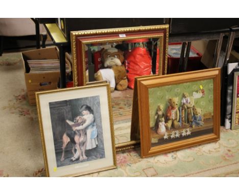 A GILT FRAMED BEVELLED EDGE WALL MIRROR TOGETHER WITH A TEDDY BEAR PRINT &amp; ANOTHER 