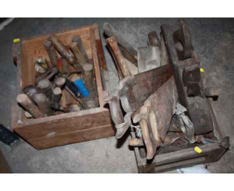 TWO CRATES OF VINTAGE WOODWORKING TOOLS ETC