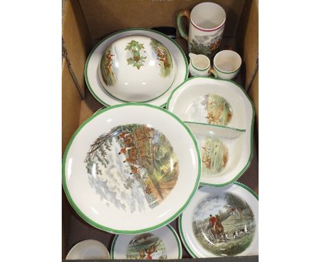A TRAY OF SPODE HUNTING SCENE CHINA TO INCLUDE COMPORT 