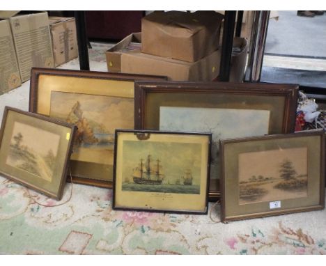 A COLLECTION OF ANTIQUE AND LATER FRAMED AND GLAZED WATERCOLOURS AND PRINTS TO INCLUDE A  COASTAL SCENE WATERCOLOUR SIGNED R.