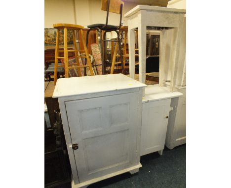 A VINTAGE SHABBY CHIC PINE CUPBOARD TOGETHER WITH A SIDE TABLE AND BATHROOM UNIT