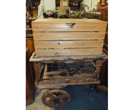 A VINTAGE PINE TROLLEY TOGETHER WITH A PINE STORAGE BOX