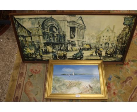 A GILT FRAMED OIL ON BOARD DEPICTING A SEASCAPE WITH BIRDS IN FLIGHT INDISTINCTLY SIGNED LOWER RIGHT TOGETHER WITH A LARGE PR