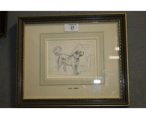 A FRAMED AND GLAZED PENCIL SKETCH OF A DOG BEFORE A KENNEL ATTRIBUTED TO JOHN EMMS