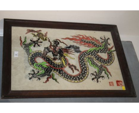 AN FRAMED AND GLAZED  ORIENTAL PRINT OF A FIVE CLAW DRAGON STAMPED UPPER RIGHT 