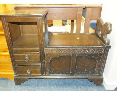 A VINTAGE OAK CARVED MONKS BENCH