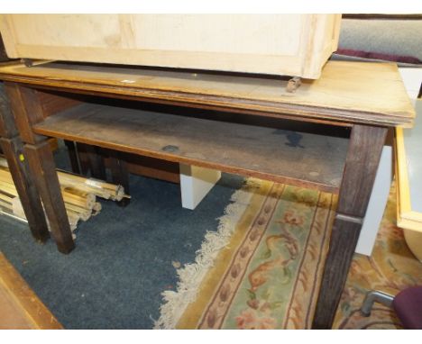 A VINTAGE OAK SCHOOL SCIENCE LAB TABLE W-130 cm