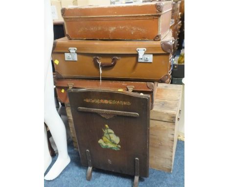 THREE VINTAGE LEATHER SUITCASES TOGETHER WITH AN OAK FIRE SCREEN