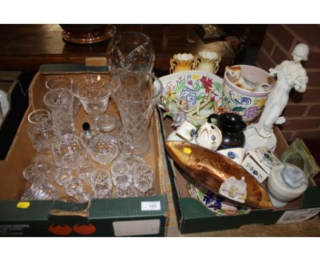 A TRAY OF CUT GLASS TOGETHER WITH A TRAY OF CERAMICS TO INCLUDE POOLE EXAMPLES A/F