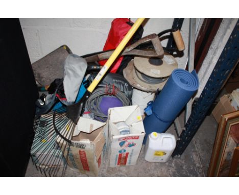 QUANTITY OF SUNDRIES TO INCLUDE GARDEN TOOLS, TILES ETC