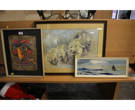  FRAMED AND GLAZED TRIBAL STYLE PAINTING OF A TROPICAL BIRD, TOGETHER WITH A SIGNED OIL ON BOARD SEASCAPE AND A PRINT OF LION