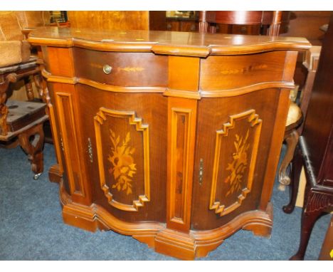 A REPRODUCTION INLAID SERPENTINE CONSOLE CABINET W- 125cm