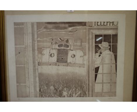 ROBERTSON (XX). Study of a man in a phone box and broken down car, signed in pencil lower right, limited edition number 7 of 