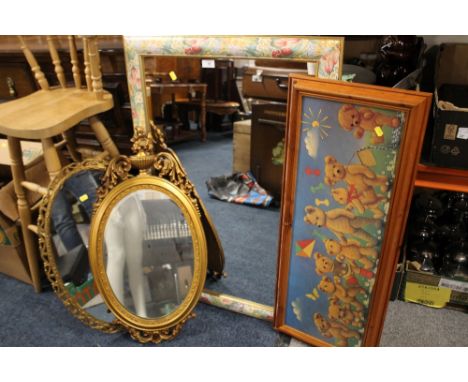 THREE ASSORTED MIRRORS TO INCLUDE GILT FRAMED EXAMPLES, TOGETHER WITH A TEDDY BEAR PRINT (4)