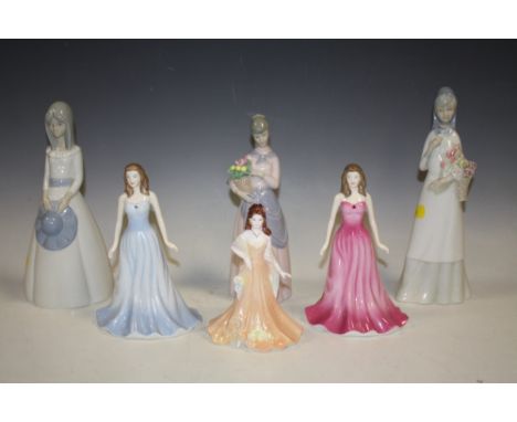 TWO ROYAL DOULTON GEMSTONE COLLECTION FIGURINES RUBY AND AQUAMARINE, TOGETHER WITH A COALPORT THE RAINBOW BALL FIGURINE AND T