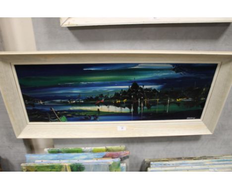 GEORGE R. DEAKINS (1911-1982). Impressionist evening time coastal village scene, singed lower right, acrylic on board, framed