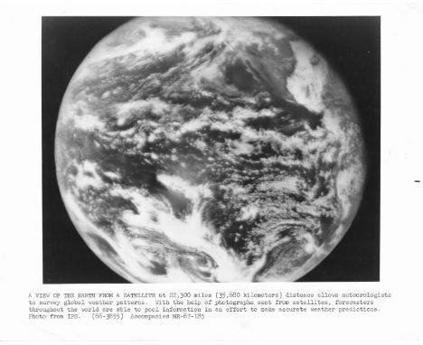 Space.- Earth full disk, ATS I, December 11, 1966; vintage gelatin silver print on fibre-based paper, IPS wire photo with cap