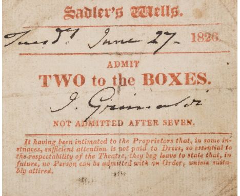 Grimaldi (Joseph, actor, clown and pantomimist, 1778-1837) Sadler's Wells box pass signed for two people and made out to "Mr.